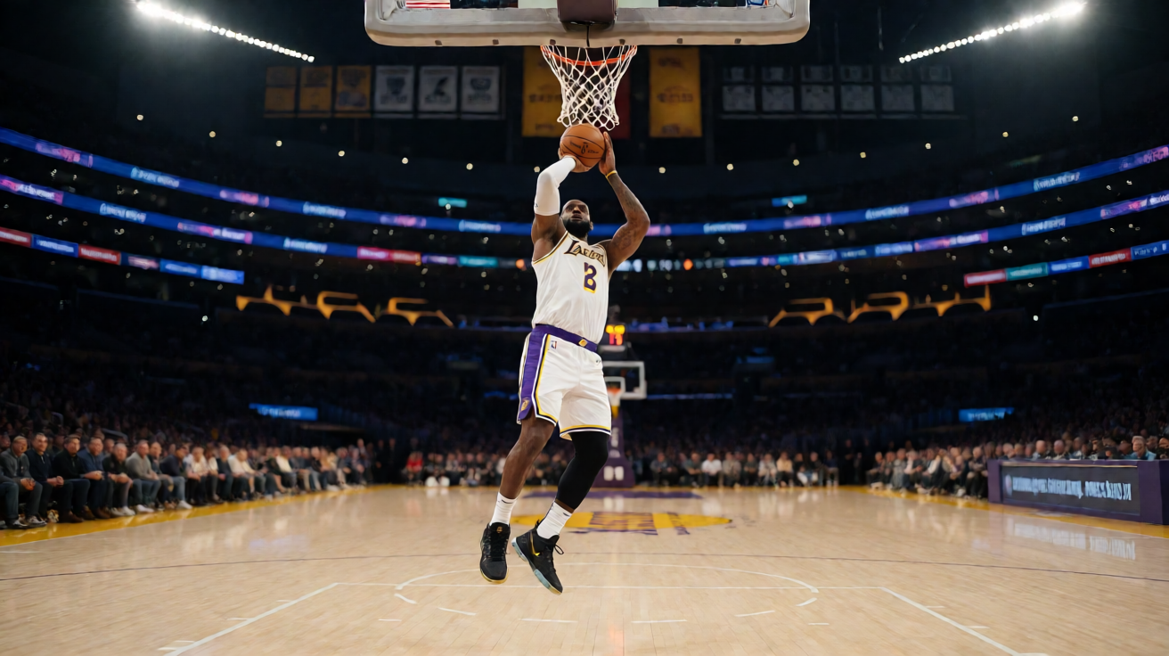 NBA比赛中球员跳投瞬间篮球飞入篮筐精彩画面